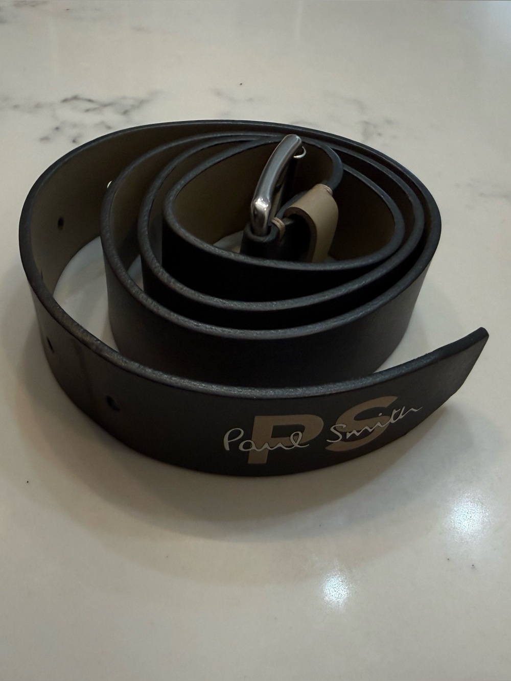 Paul Smith Black Leather Belt with Silver Buckle and Signature Print